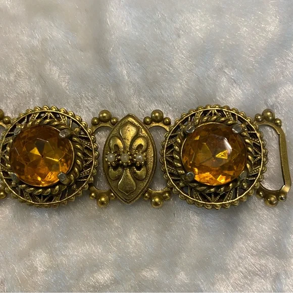 ☘️VTG SELRO Amber Rhinestone & Pearl Book Chain Necklace - Picture 4 of 7